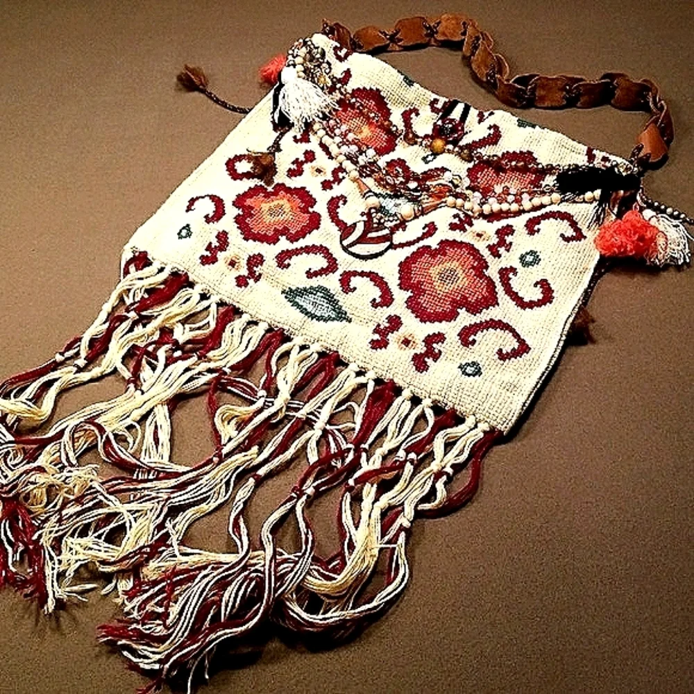 Vintage Textiles Boho Ethnic Festival Handmade Needlepoint Handbag